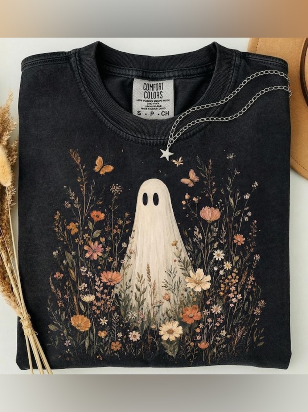 Comfort Colors Black Wildflower Ghost Boho Floral Halloween T-shirt